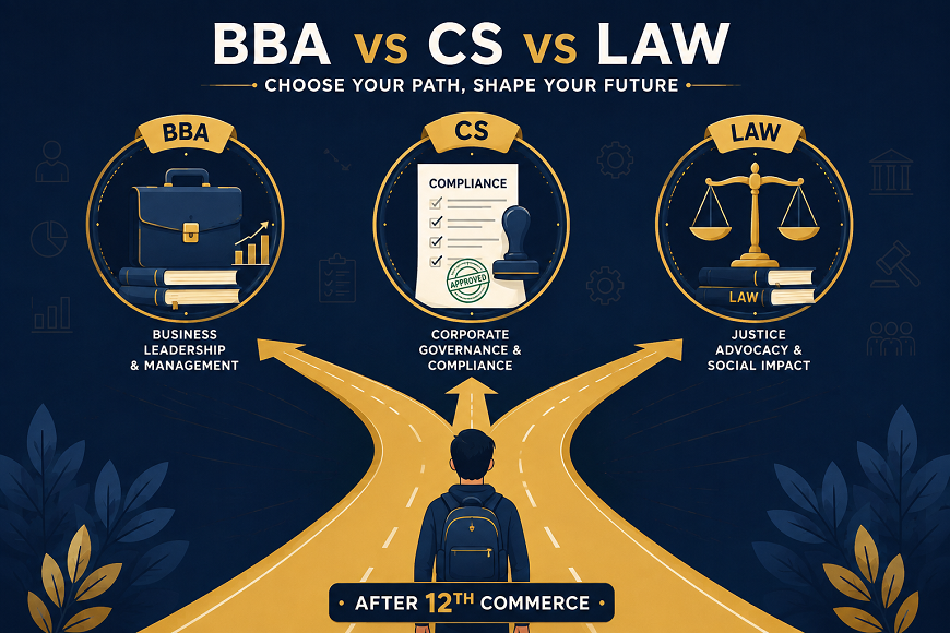 Flat illustration of three diverging career paths after 12th commerce, representing BBA, CS, and Law