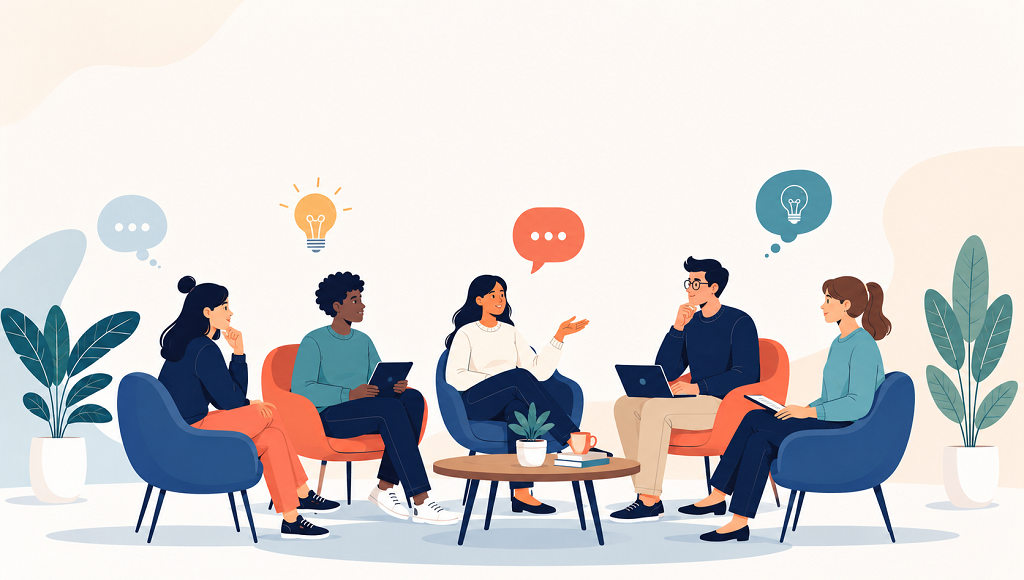 Flat illustration of students in a group discussion representing GD Topics 2026 for campus placements