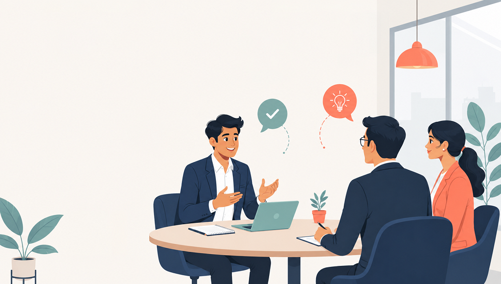 Illustration of a fresher confidently answering interview questions during a job interview