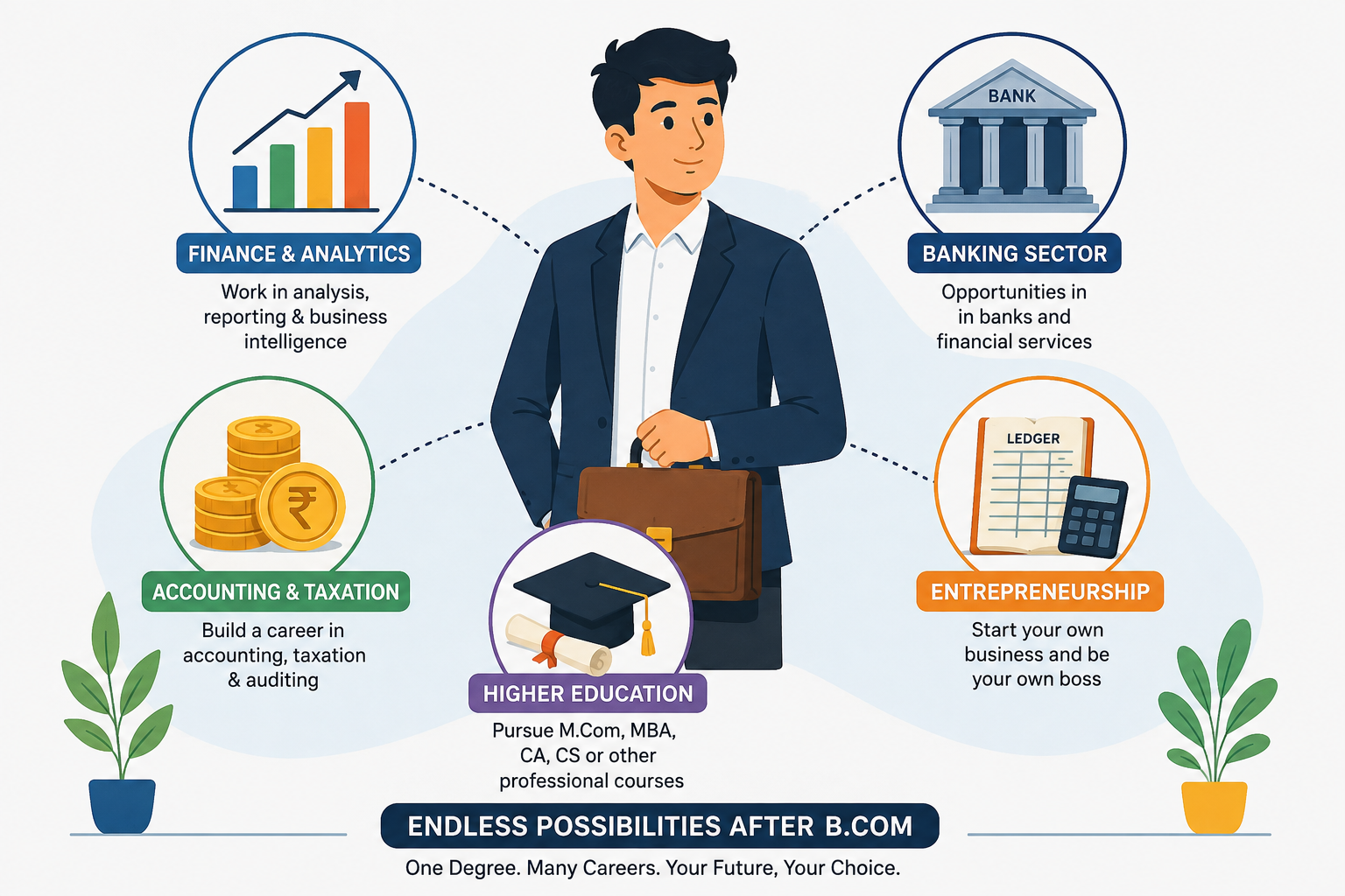 Flat illustration of a commerce graduate with career growth icons representing jobs after B.Com