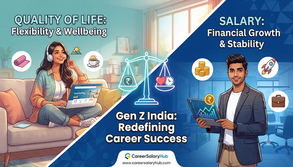 Salary vs quality of life illustration — balance scale showing money and time for Gen Z career decisions in India