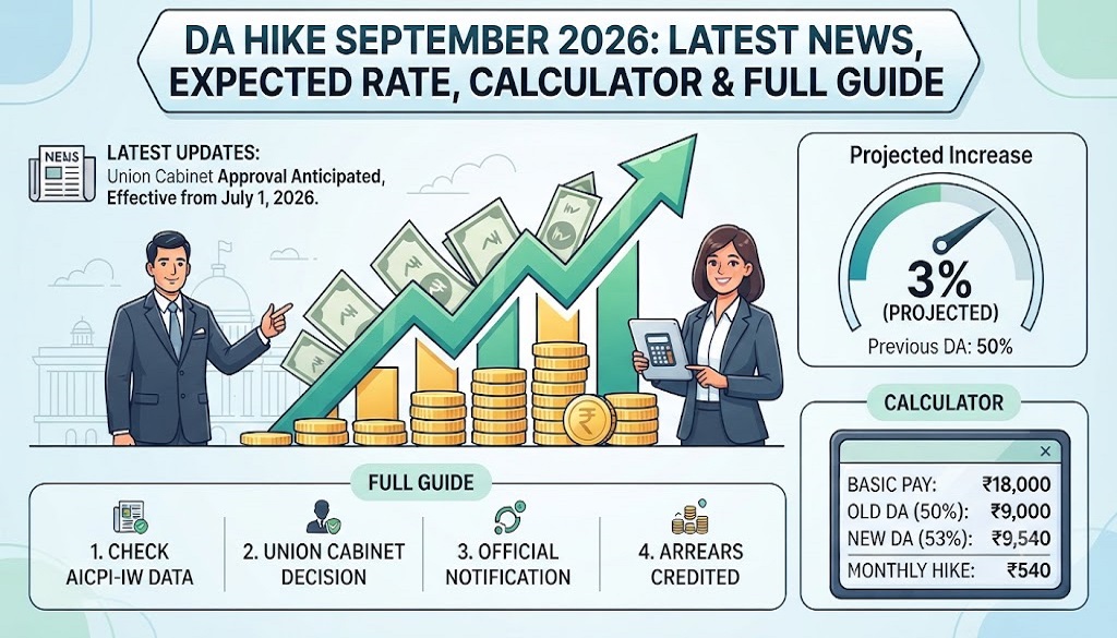 Flat illustration showing rising salary graph and coins representing DA hike September 2026 for central government employees