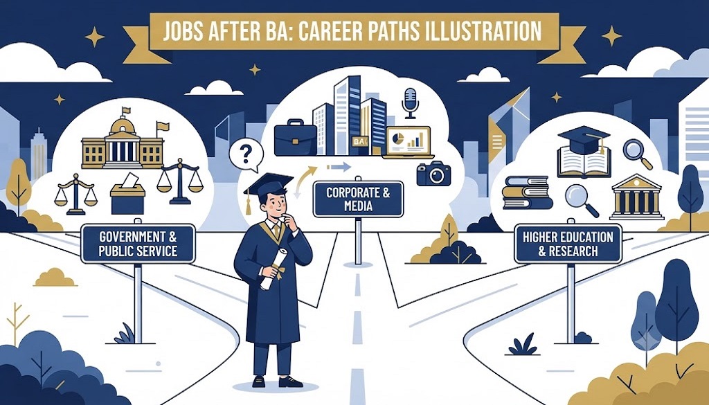 Flat illustration of a graduate at a crossroads choosing between government, corporate, and media career paths after BA
