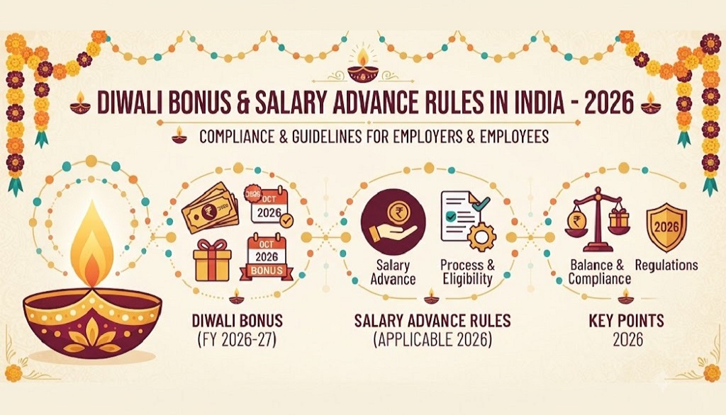 Diwali bonus 2026 and salary advance rules in India — flat illustration of a diya and salary coins